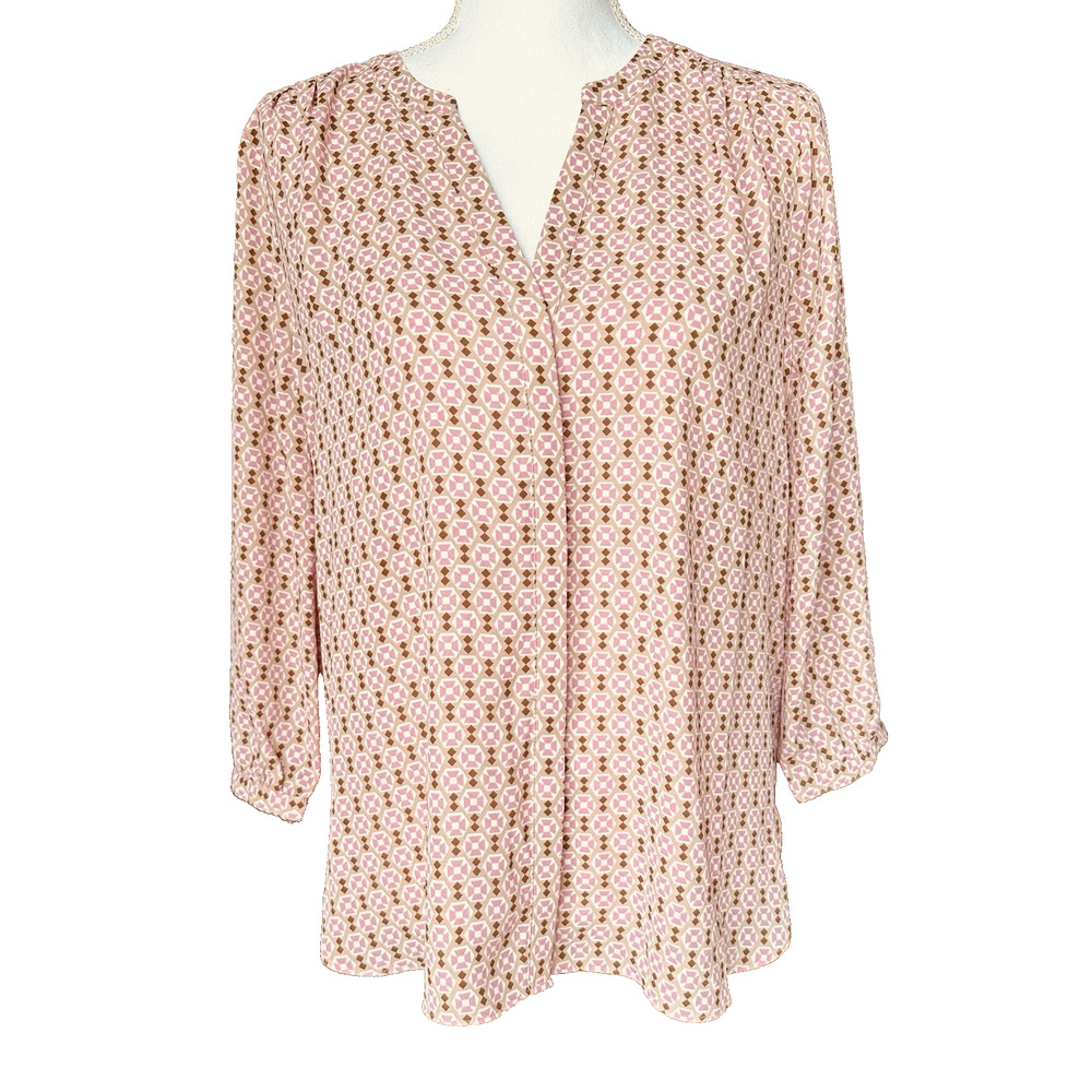 NYDJ Womens S Geometric Pink‎ Beige Print Blouse Long Sleeve Button Up Shirt Top